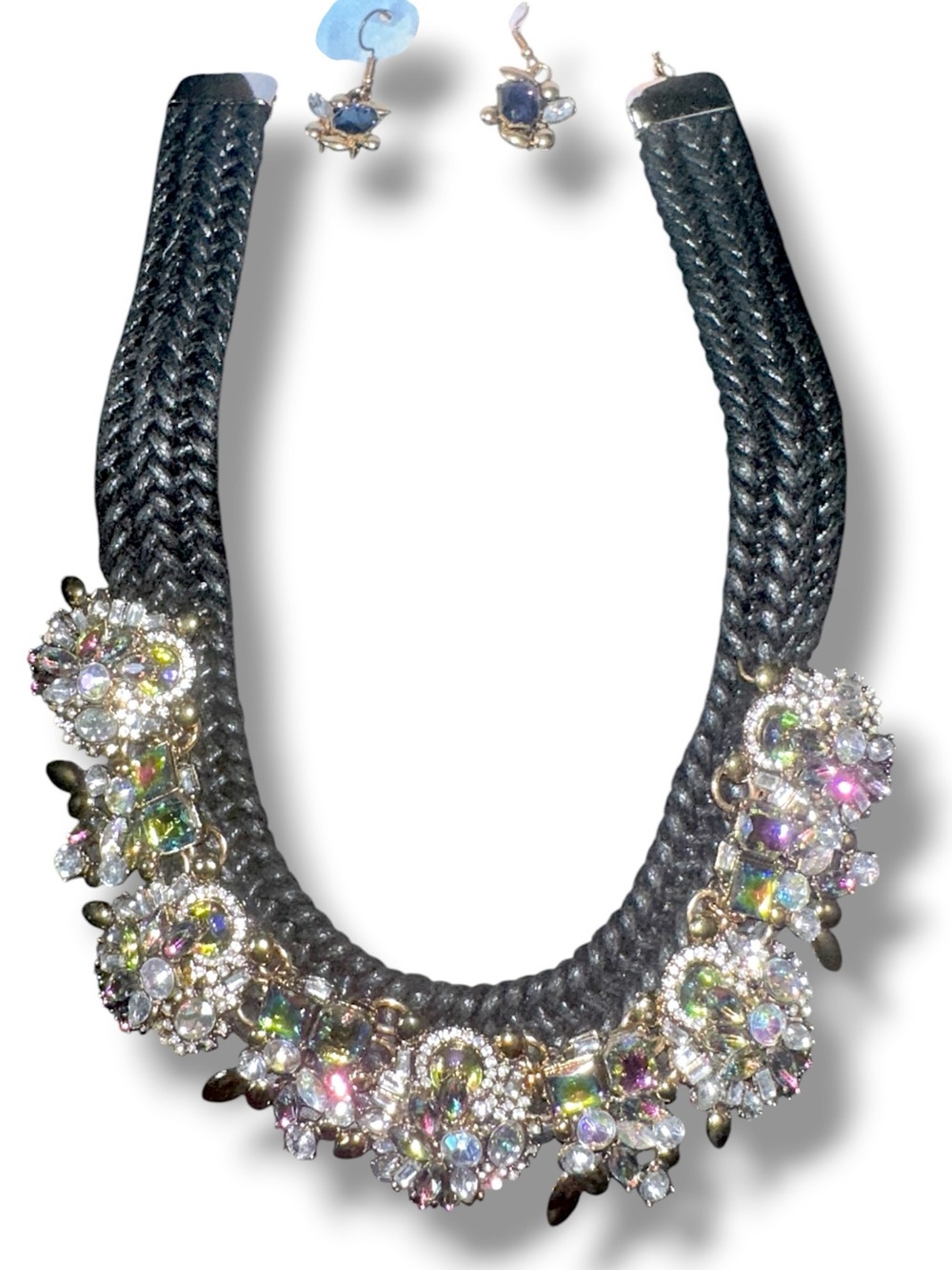 ELLA & ELLY Black Braided Statement Necklace & Earrings Multicolor Crystals